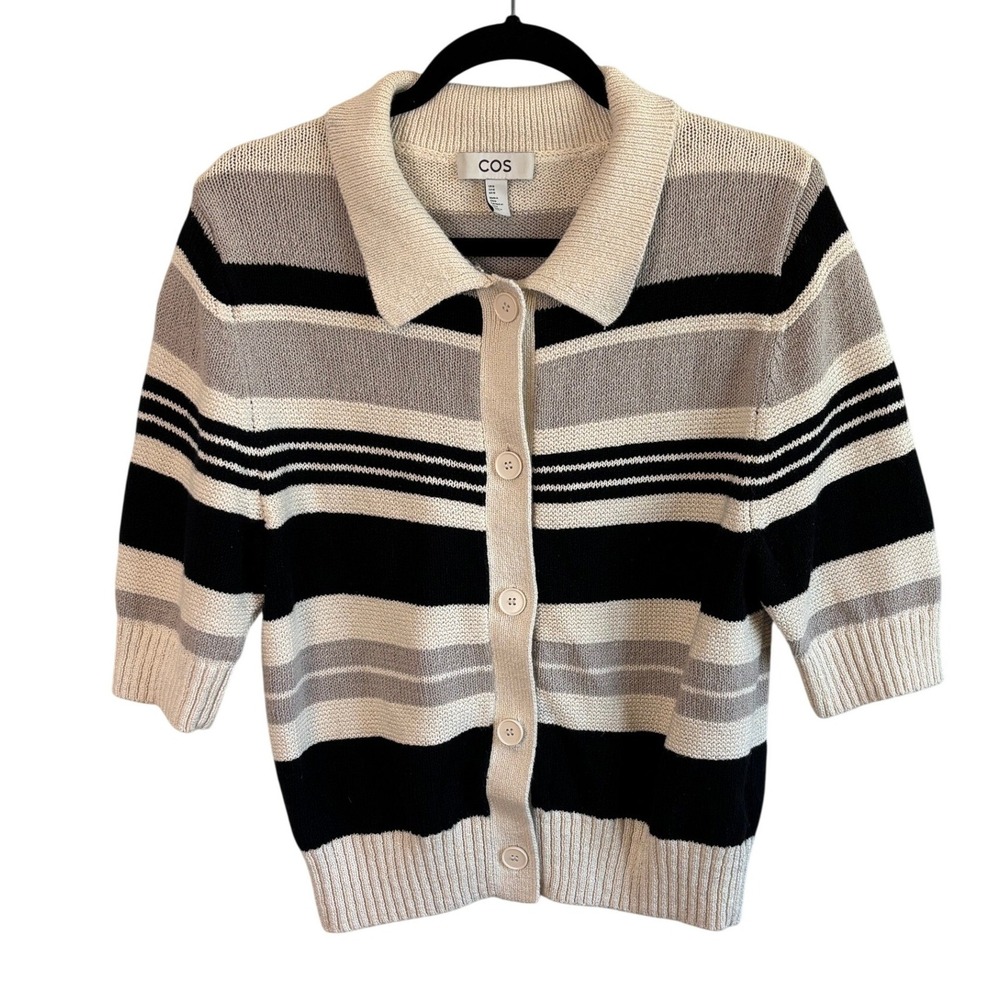 COS Cardigan Sweater Cream Black Striped Womens Medium Short Sleeve Cotton Polo